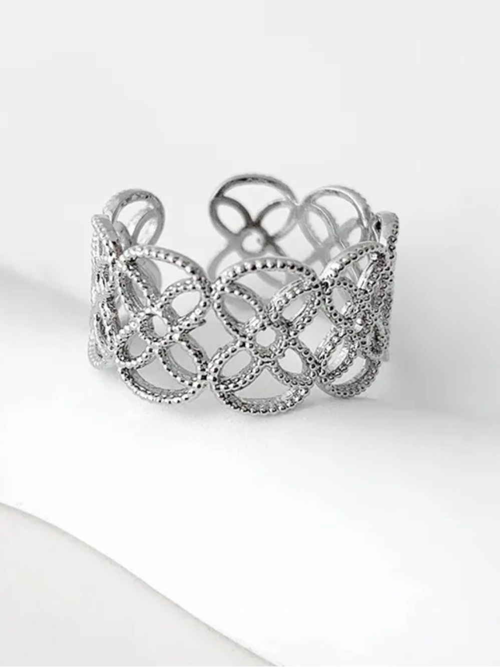 Silver Floral Lace Open Cuff Ring